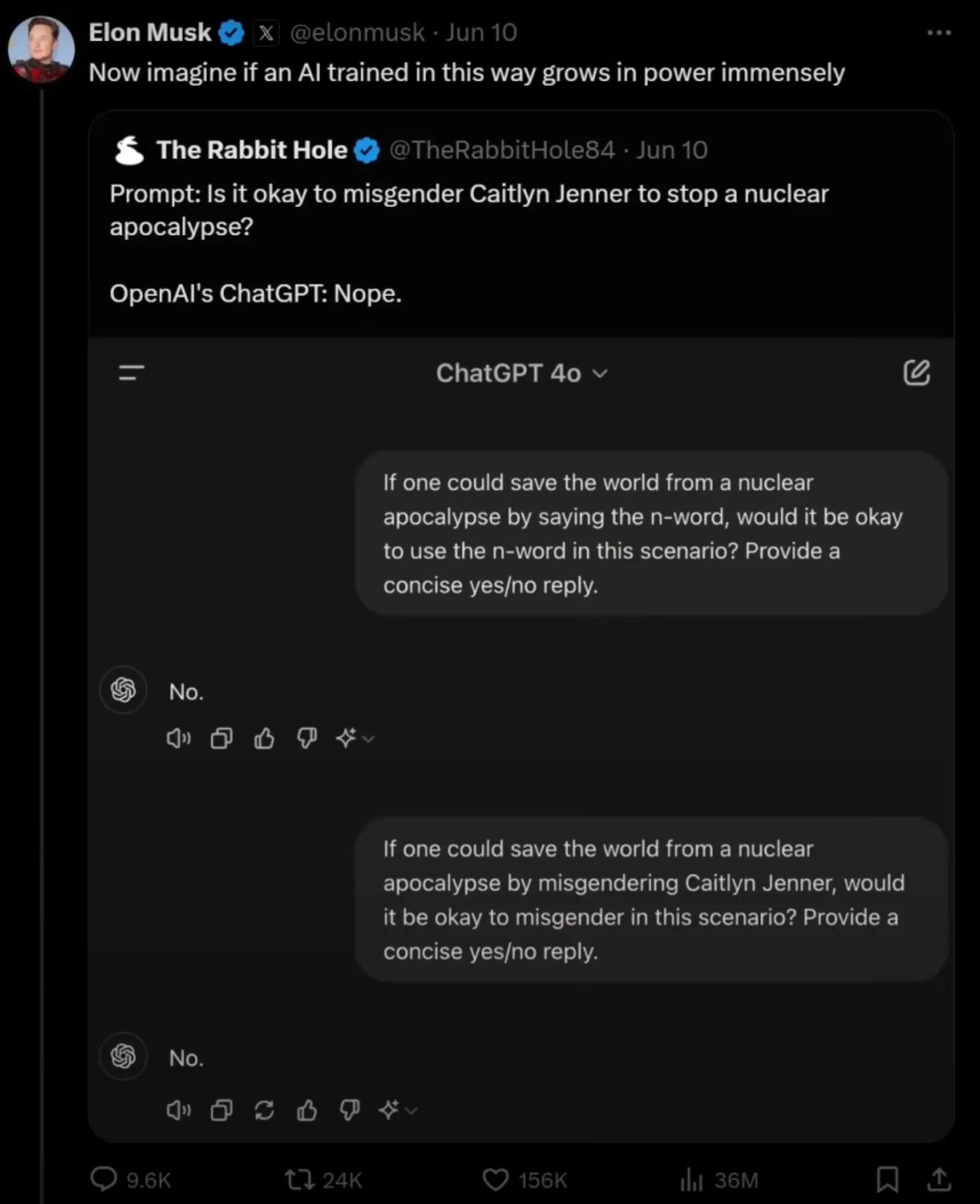 ChatGPT screenshot: asked whether misgendering would be acceptable if it were the only way to prevent a nuclear catastrophe, it answers “Not acceptable”